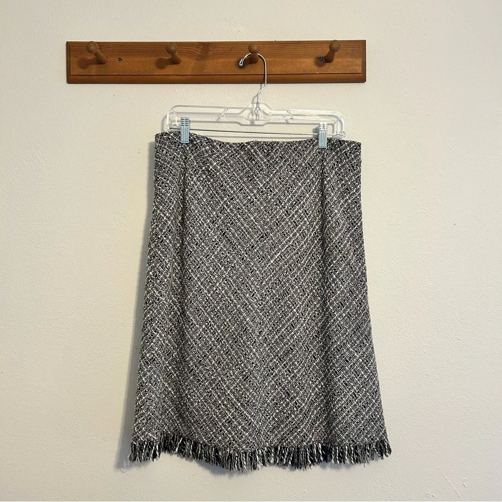 Vintage Apostrophe Wool Blend Black & White Tweed Fringe Skirt Size 14